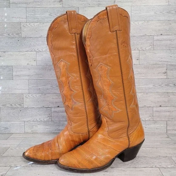 Vintage Nocona Western Brown Exotic Eel Leather Inlay Cowboy Boots Women's 6 C - Picture 2 of 11